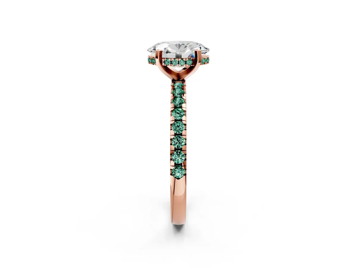 Oval Cut Diamond Solitaire Ring with Round Green Sapphire Pavé Band and Four-Prong Setting Rose gold