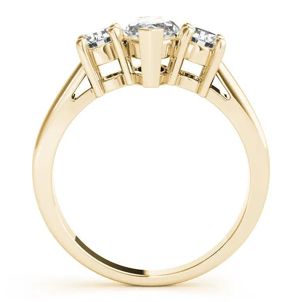 Three-Stone Round Cut Diamond Solitaire with Round Accents and Prong Setting on a Classic Band Yellow gold