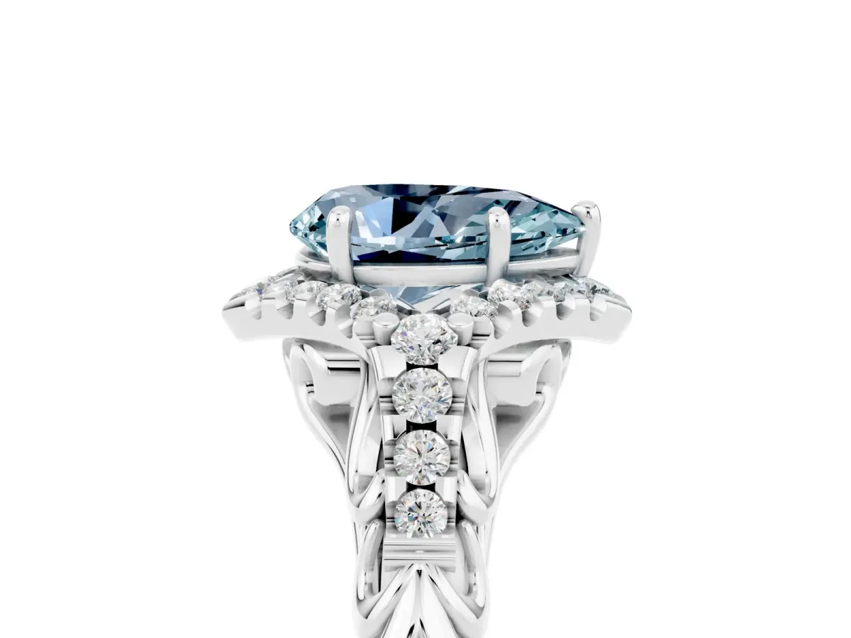 Pear Cut Aquamarine Solitaire Ring with Hidden Halo and Pavé Band White gold