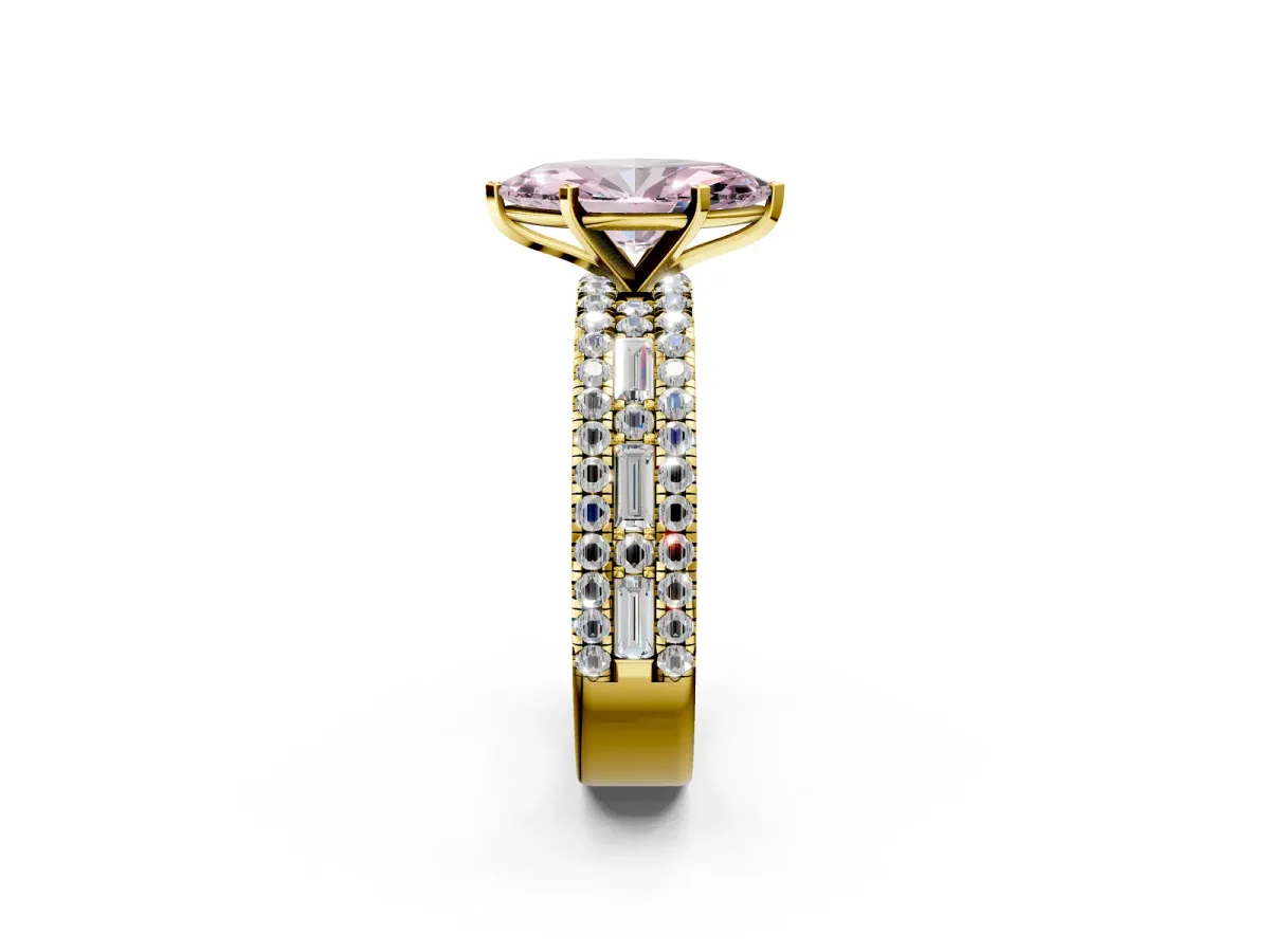 Fancy Pink Marquise Cut Diamond Solitaire Ring with Pavé and Channel Set Band Yellow gold