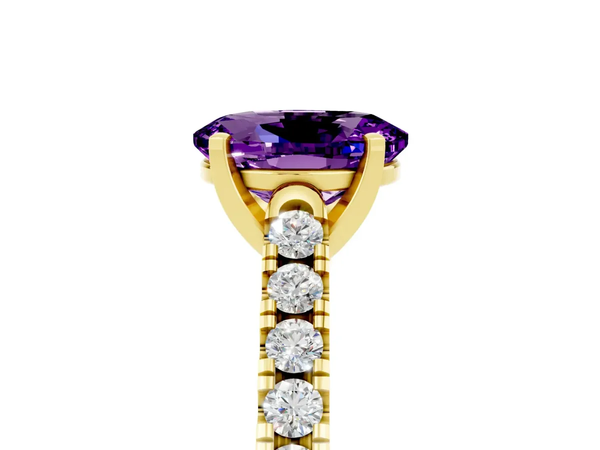 Oval Cut Amethyst Pavé Band Solitaire Ring with Prong Setting Yellow gold
