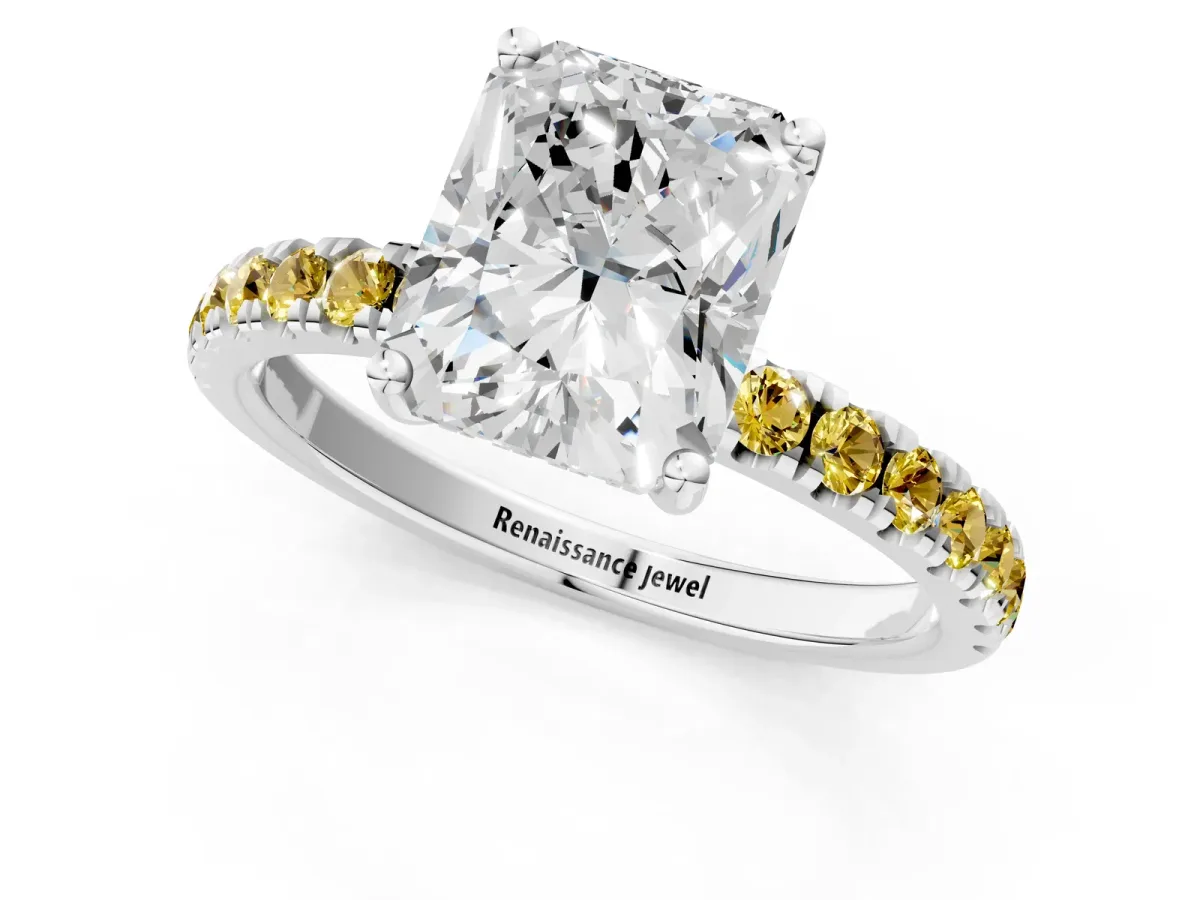 Radiant Cut Diamond Pave Band Solitaire Ring with Round Yellow Sapphire and Prong Setting White gold