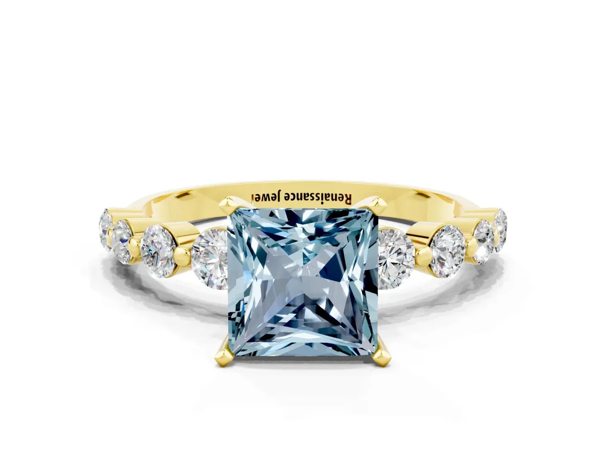 Princess Cut Solitaire Aquamarine Ring with Pave Band and Four-Prong Setting Yellow gold