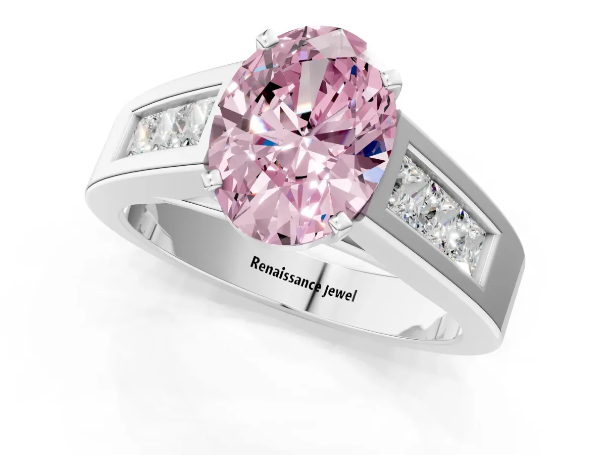 Fancy Pink Oval Cut Cut Channel Set Solitaire Ring with Four-Prong Setting White gold