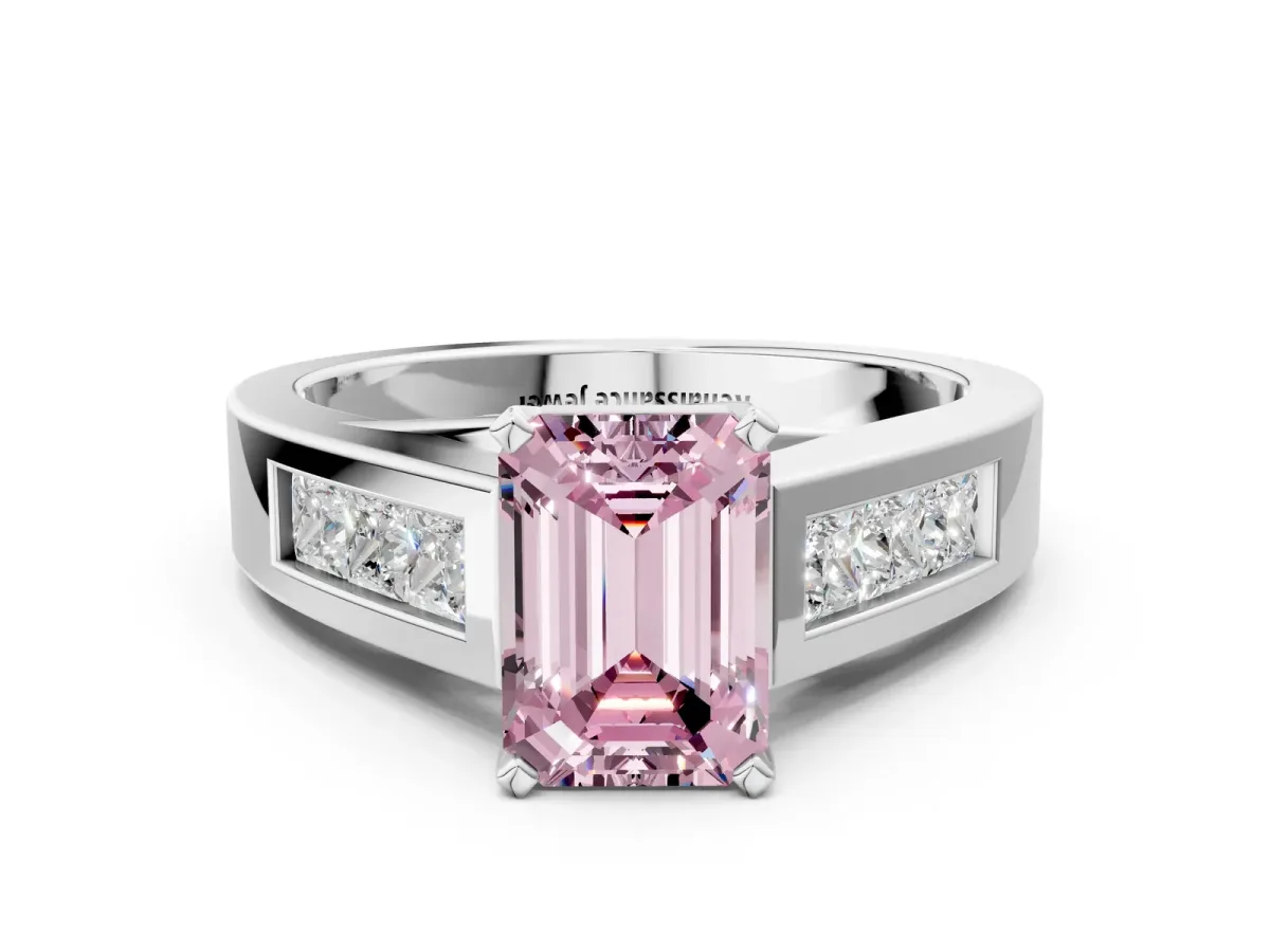 Fancy Pink Emerald Cut Cut Channel Set Solitaire Ring with Four-Prong Setting White gold