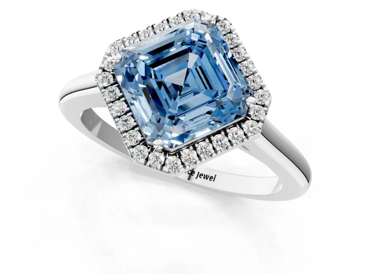 Fancy Blue Asscher Cut Halo Round Diamond Solitaire Engagement Ring with Pave Band and Four-Prong Setting Platinum