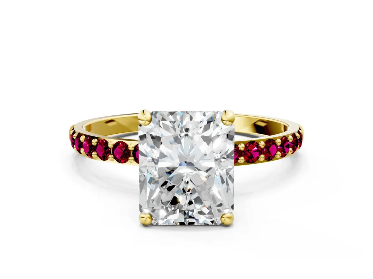 Radiant Cut Diamond Solitaire Ring with Round Garnet Pavé Band and Prong Setting Yellow gold