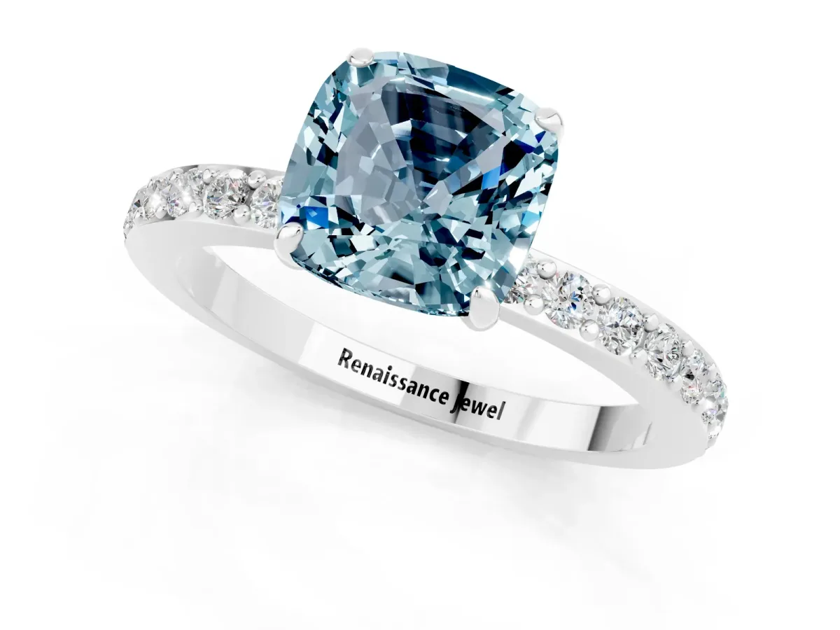 Cushion Cut Aquamarine Solitaire Engagement Ring with Pavé Band and Four-Prong Setting Platinum