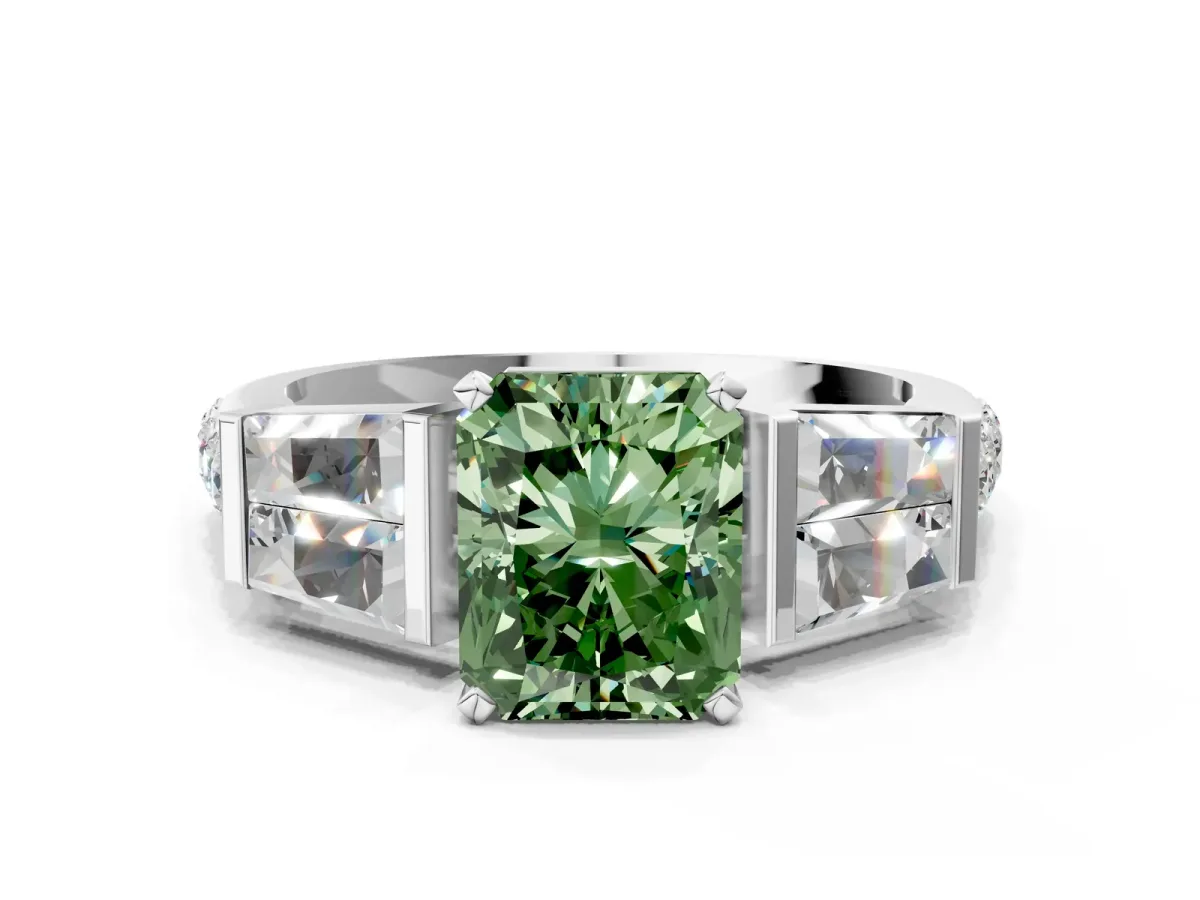 Fancy Green Radiant Cut Diamond Engagement Ring with Baguette Side Stones and Channel Set Band Platinum