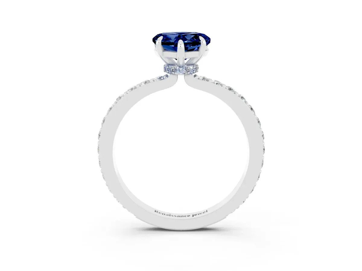 Heart Cut Blue Sapphire Solitaire Engagement Ring with Pavé Band and Four-Prong Setting White gold