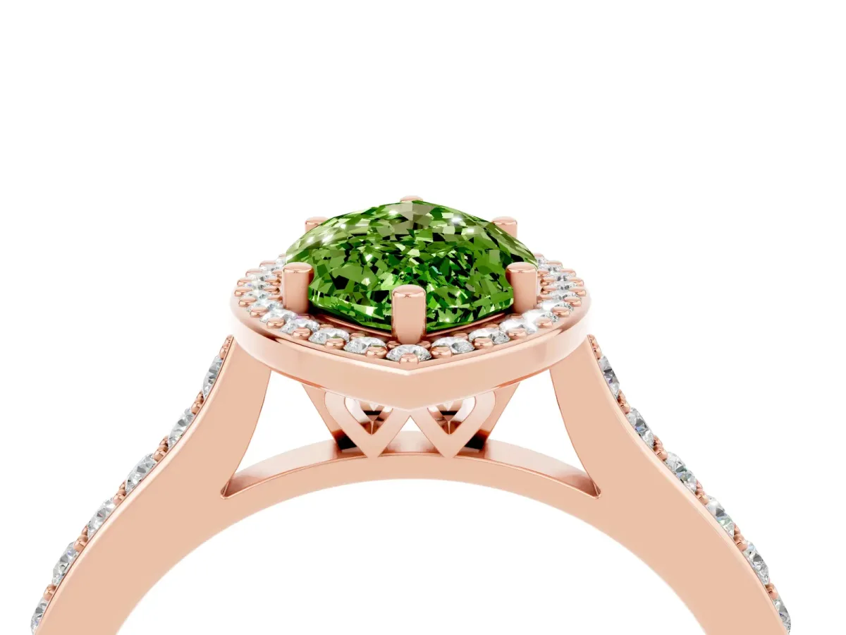 Marquise Cut Peridot Halo Engagement Ring with Round Pavé Shoulders and Prong Setting Rose gold