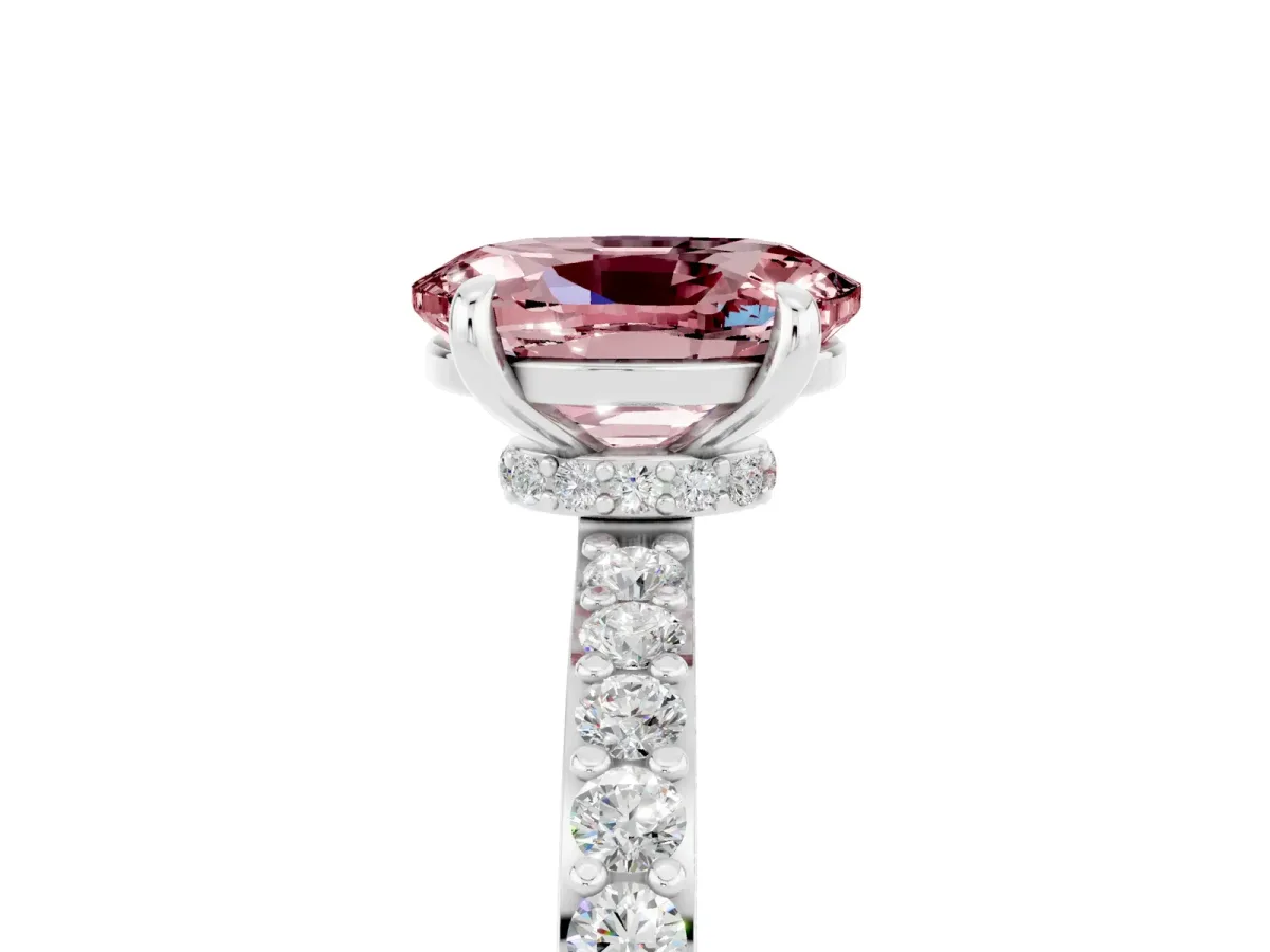 Oval Cut Morganite Solitaire Engagement Ring with Pavé Band and Four-Prong Setting Silver