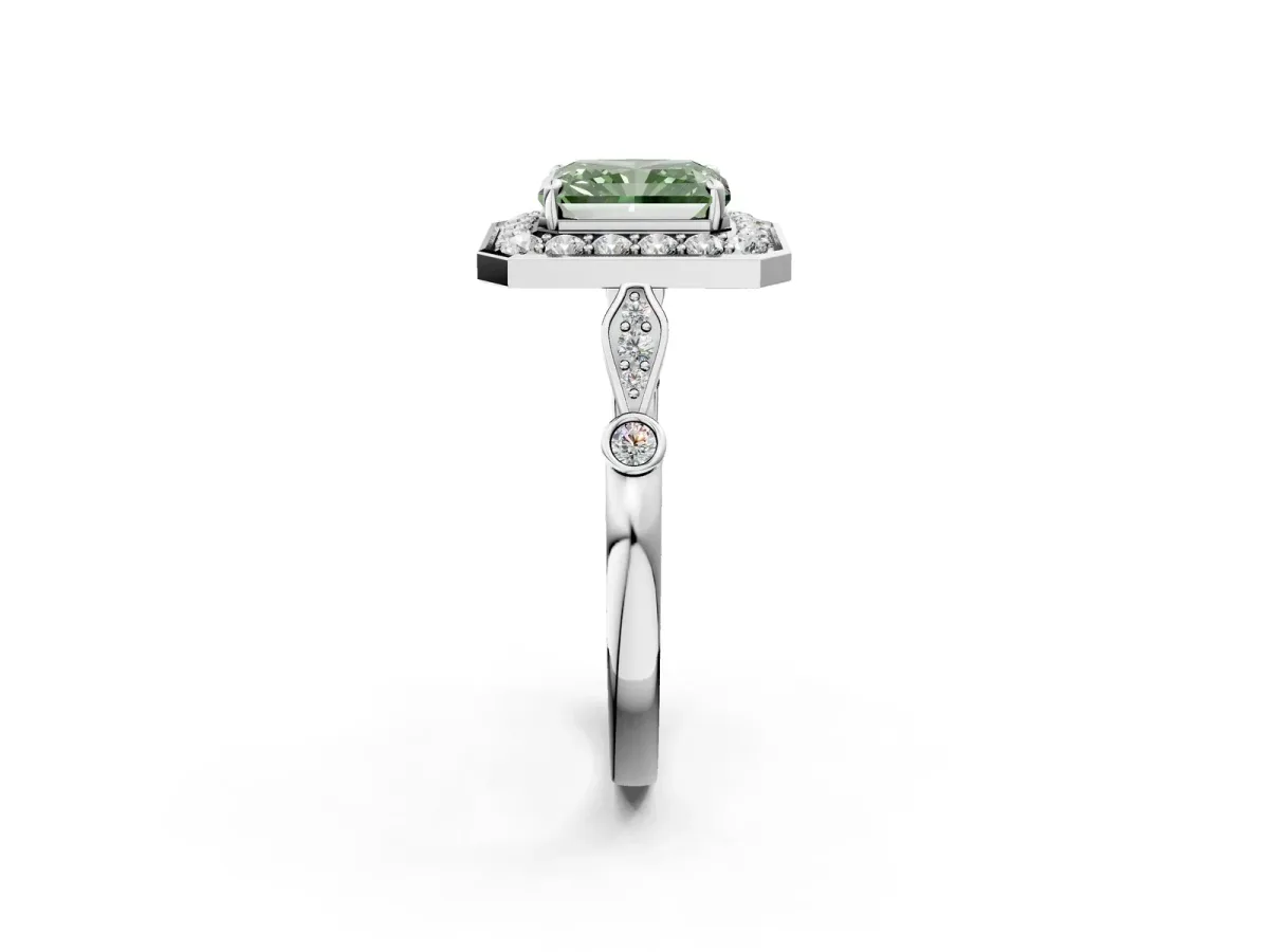 Fancy Green Radiant Cut Halo Diamond Engagement Ring with Twisted Band and Four-Prong Setting Platinum