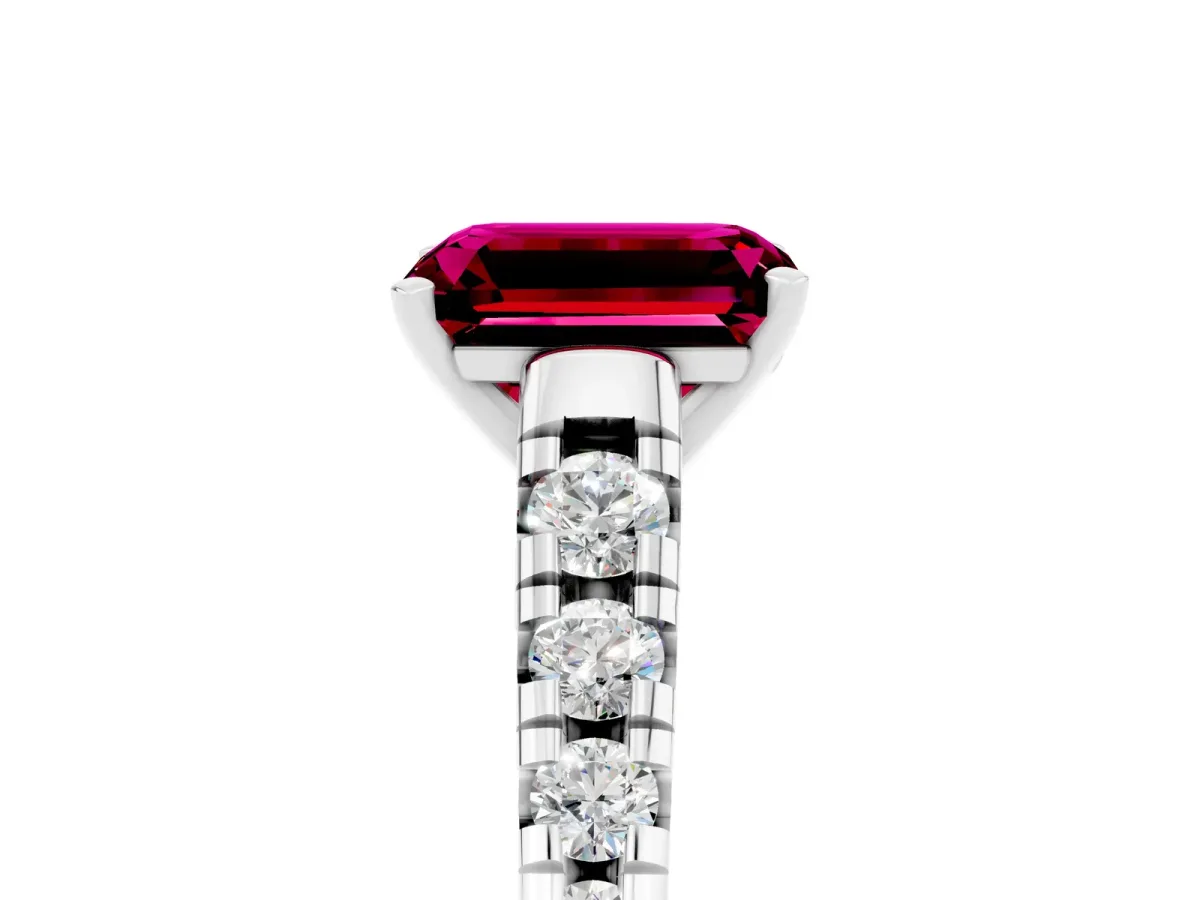Emerald Cut Garnet Cathedral Solitaire Ring with Round Pavé Band White gold