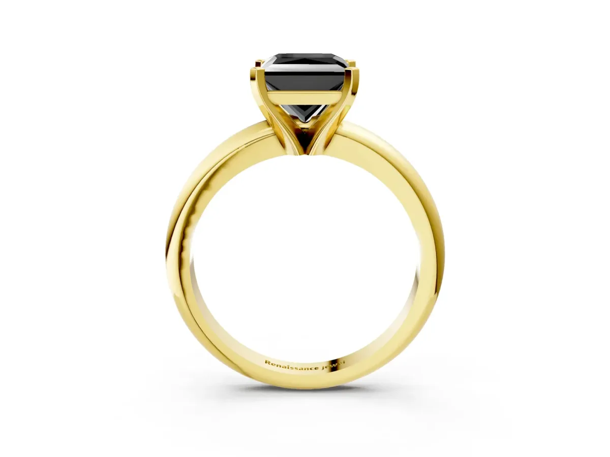 Fancy Black Princess Cut Diamond Solitaire Engagement Ring with Round Band and Four-Prong Setting Yellow gold