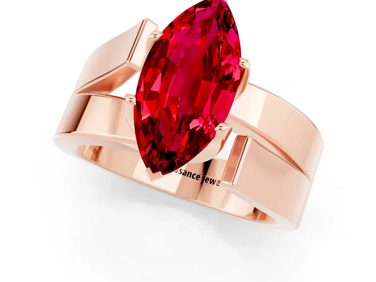 Modern Tension Set Marquise Cut Ruby Solitaire Wide Band Ring Rose gold