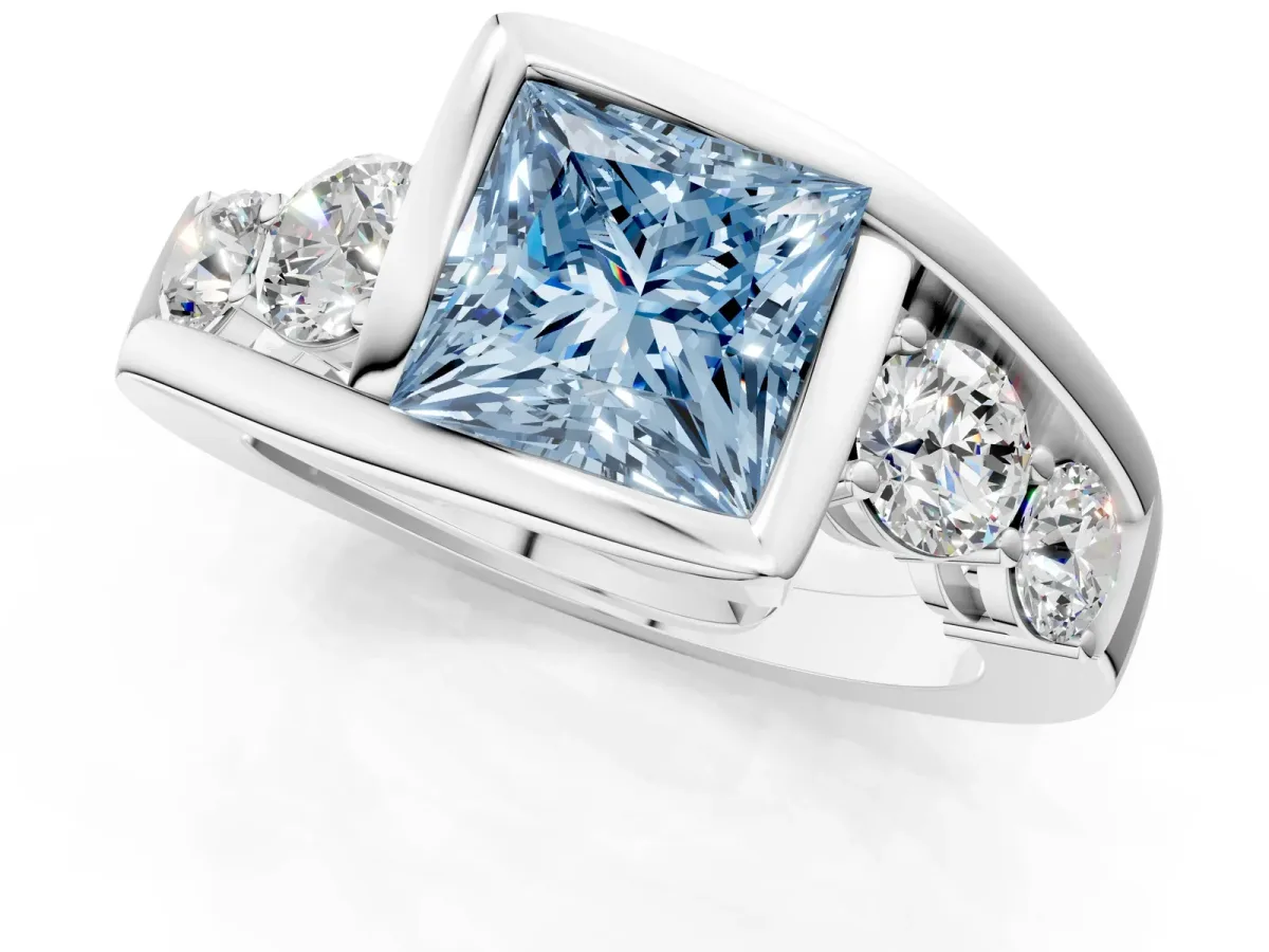 Fancy Blue Bezel Set Princess Cut Diamond Bypass Ring with Round Accents Silver