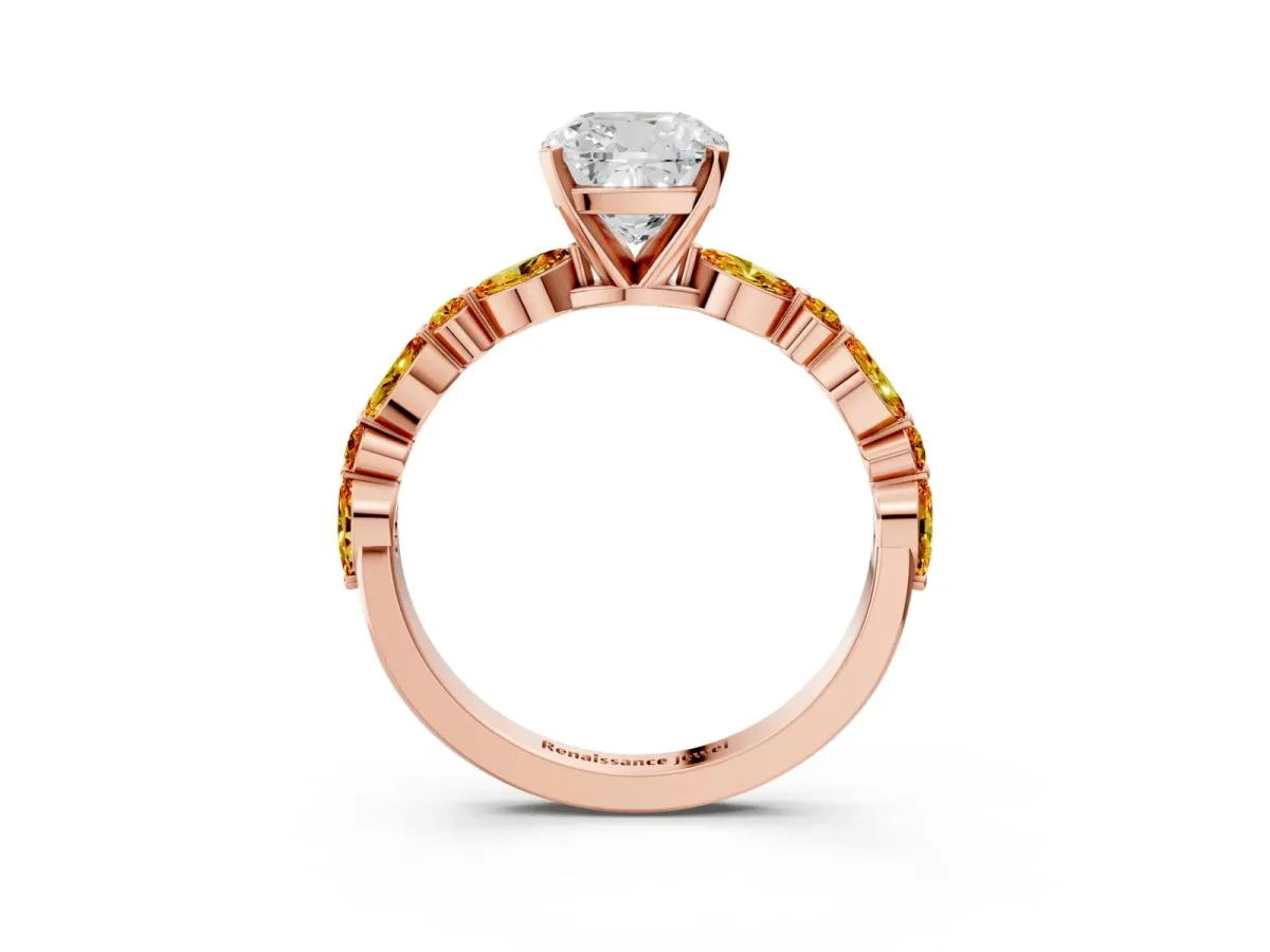 Cushion Cut Diamond Ring with Marquise and Round Citrine Side Stones and Four-Prong Setting Rose gold