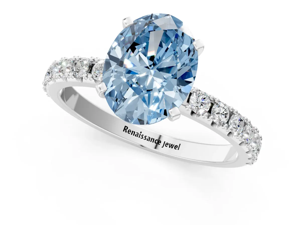 Fancy Blue Oval Cut Diamond Solitaire Pavé Band with Four-Prong Setting White gold