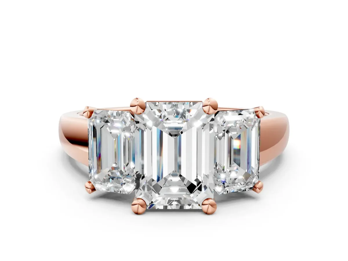 Three-Stone Emerald Cut Cut Solitaire Ring with Classic Prong Setting Rose gold