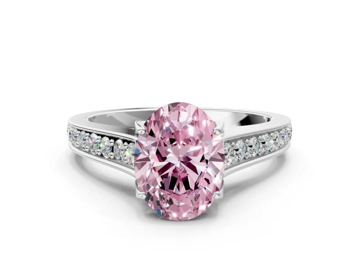 Fancy Pink Oval Cut Brilliant Cut Diamond Engagement Ring with Pavé Band and Four-Prong Setting Platinum