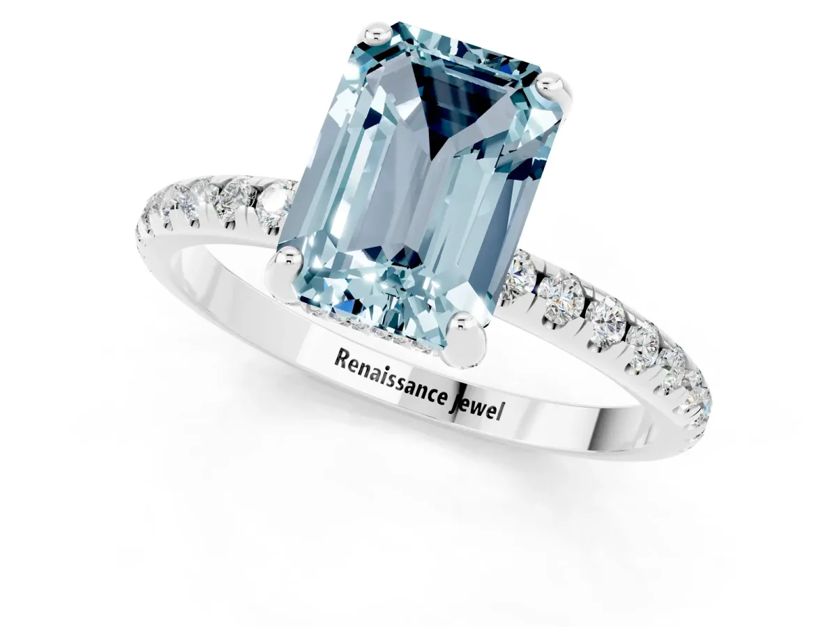 Emerald Cut Aquamarine Hidden Halo Engagement Ring with Round Pavé Band and Prong Setting Silver