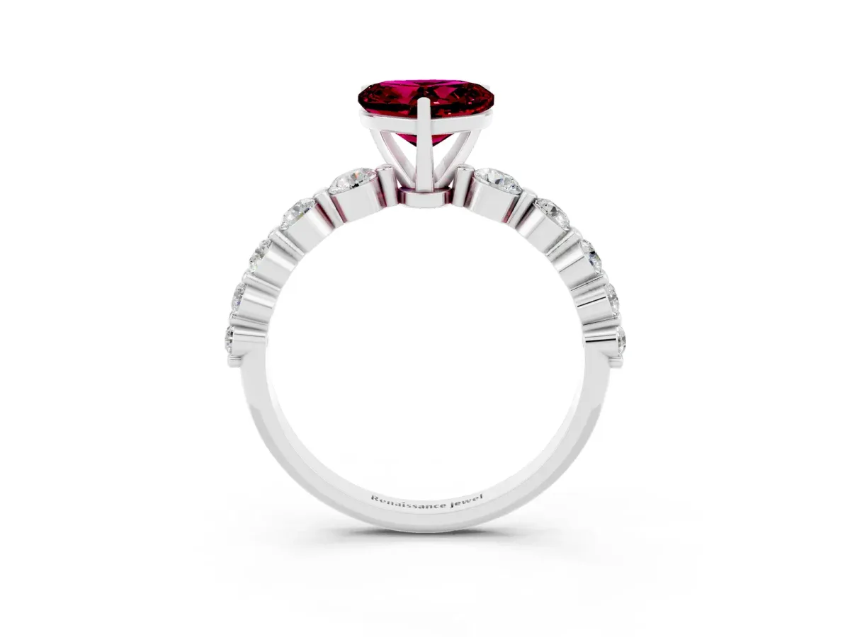 Heart Cut Solitaire Garnet Ring with Pave Band and Four-Prong Setting Silver