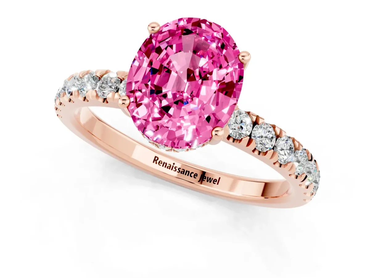 Oval Cut Pink Sapphire Pave Band Solitaire Ring with Round and Prong Setting Rose gold