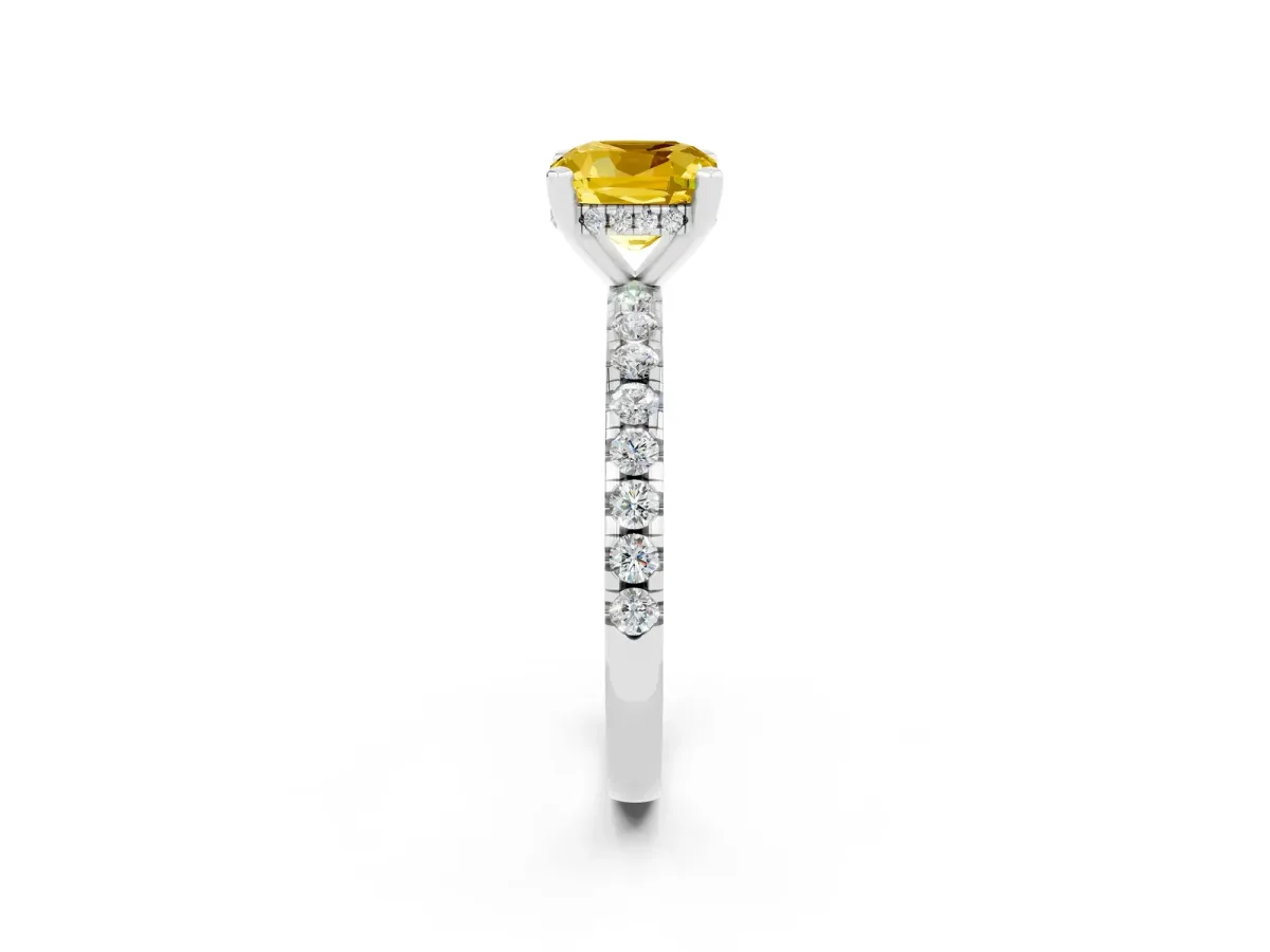 Cushion Cut Yellow Sapphire Solitaire Ring with Round Pavé Band and Four-Prong Setting White gold