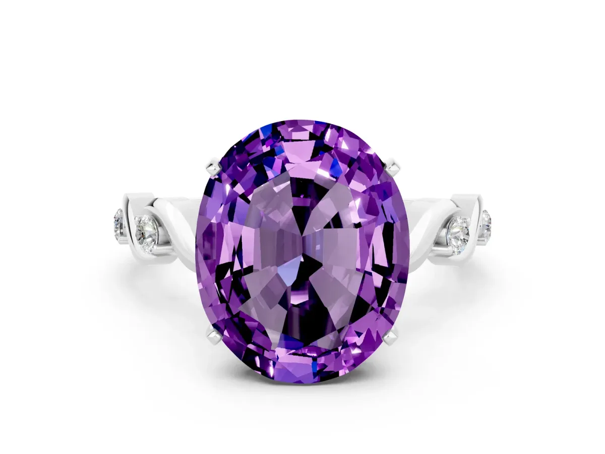 Oval Cut Amethyst Solitaire Twisted Band with Round Accents and Prong Setting Silver