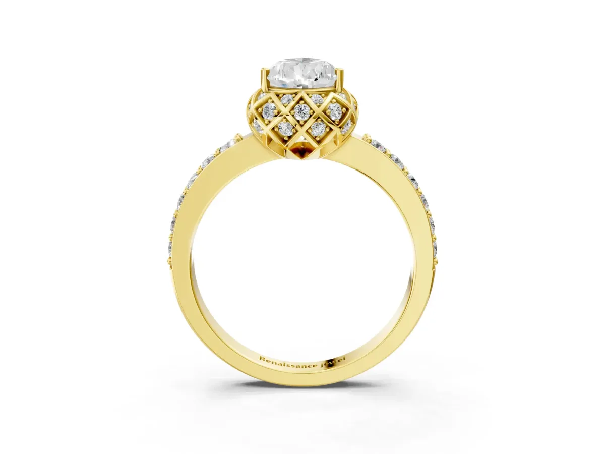 Pear Cut Diamond Scalloped Halo Engagement Ring with Round Shared Prong Band Yellow gold