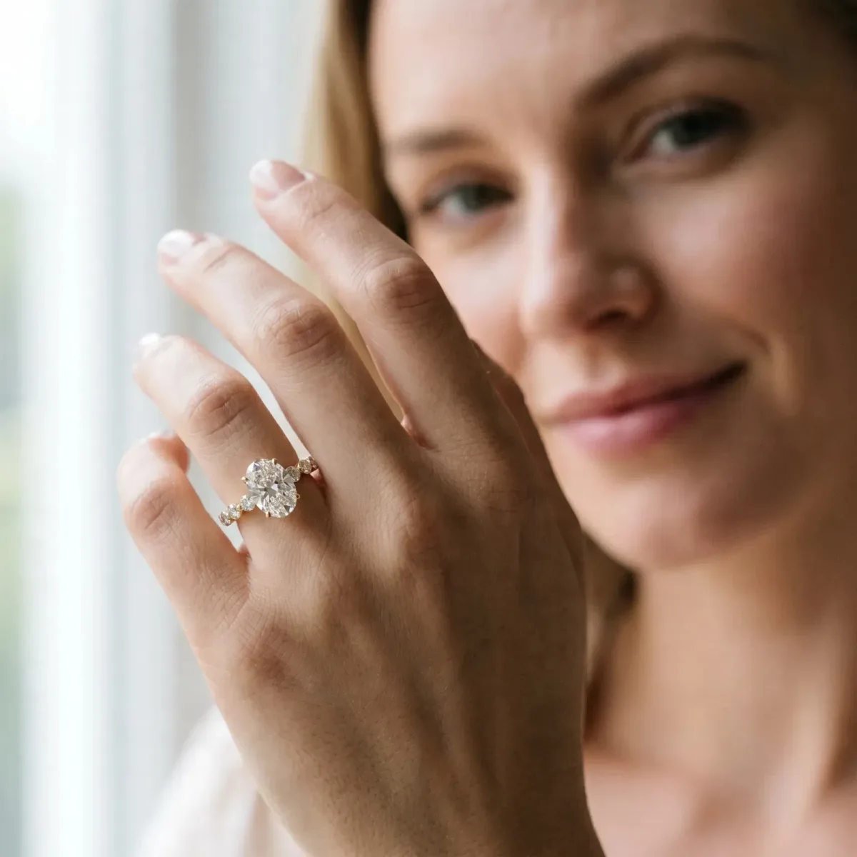 Oval Cut Solitaire Diamond Ring with Pave Band and Four-Prong Setting Yellow gold