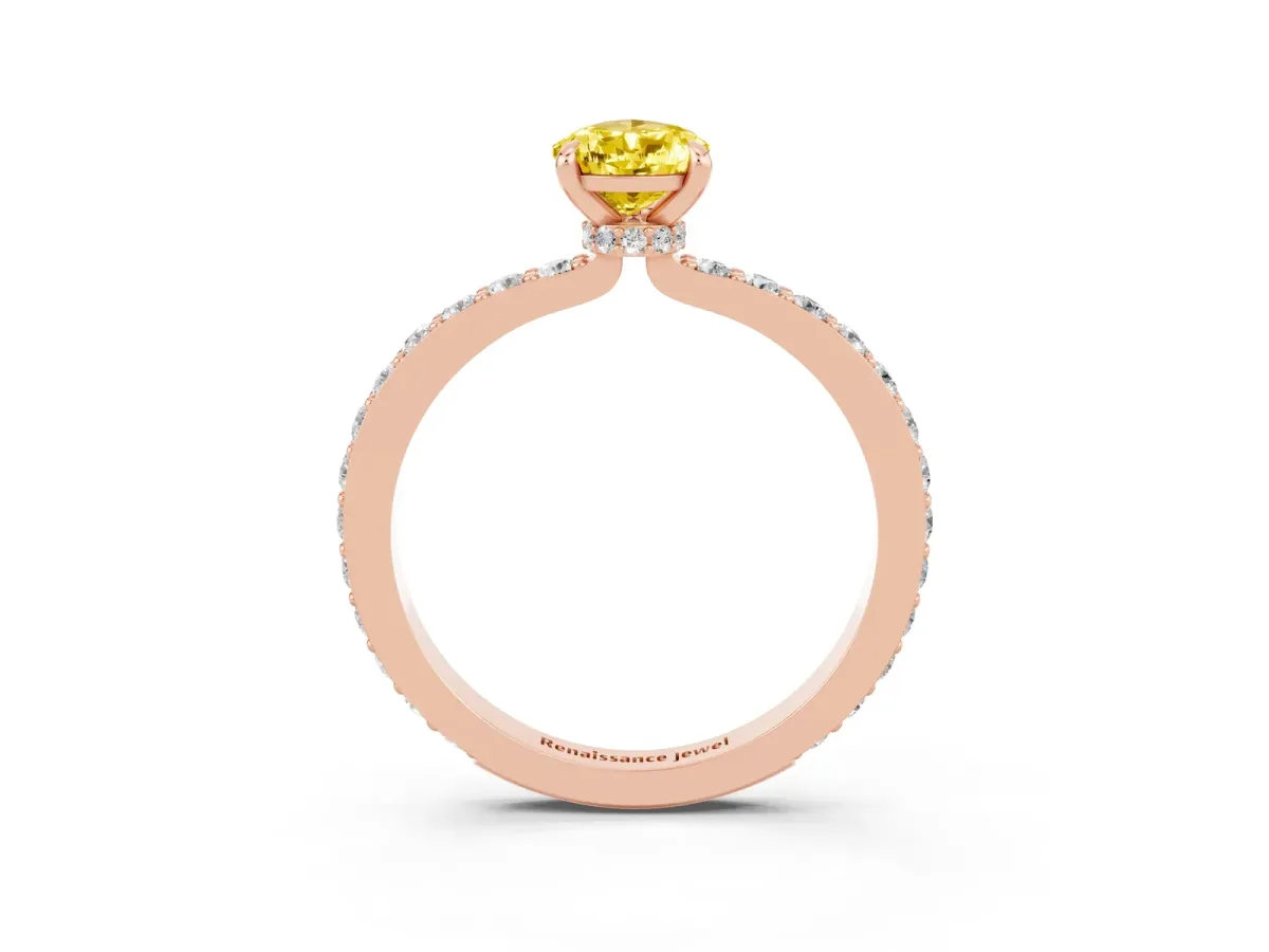 Pear Cut Yellow Sapphire Solitaire Engagement Ring with Pavé Band and Four-Prong Setting Rose gold