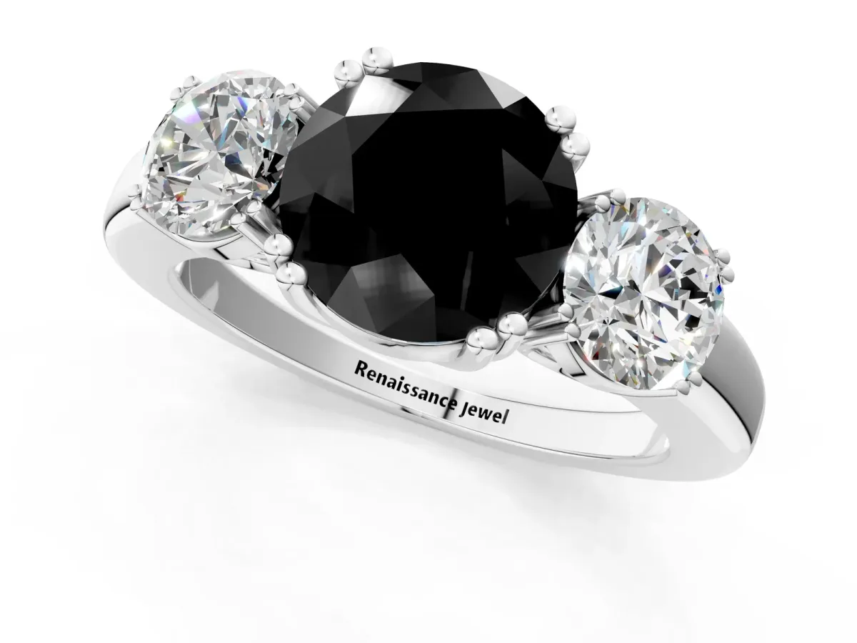 Fancy Black Three-Stone Round Cut Cut Diamond Ring with Channel Set Band and Four-Prong Setting Silver