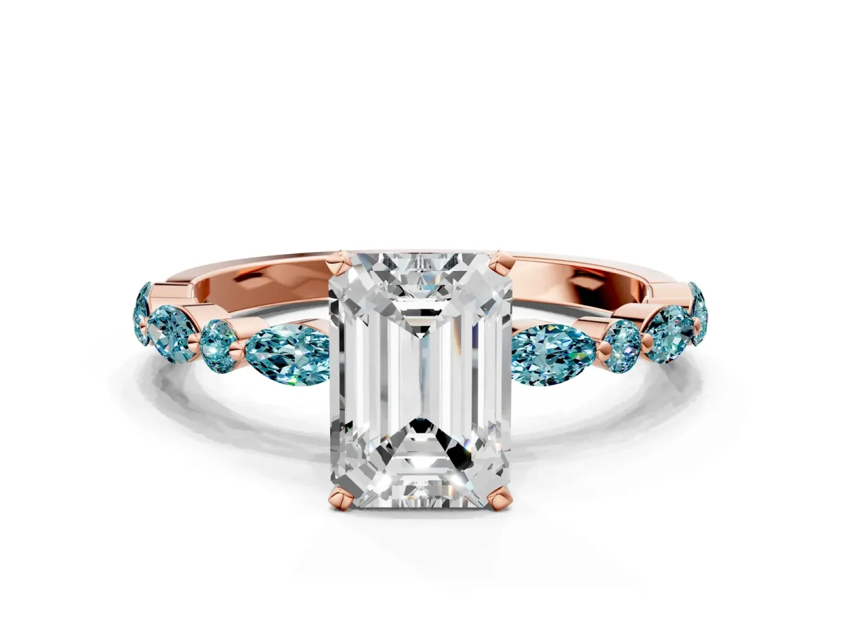 Emerald Cut Diamond Ring with Marquise and Round Blue Topaz Side Stones and Four-Prong Setting Rose gold