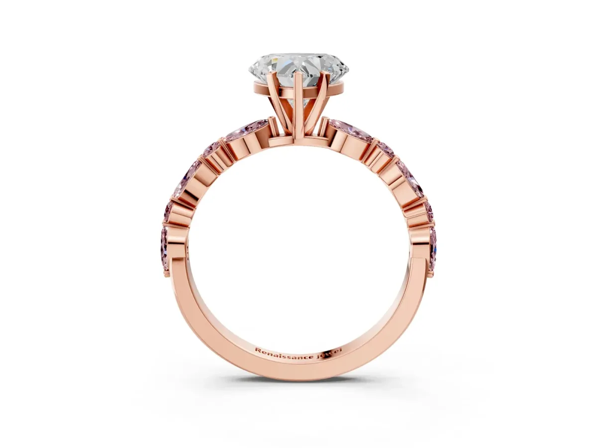Heart Cut Diamond Ring with Marquise and Round Morganite Side Stones and Four-Prong Setting Rose gold