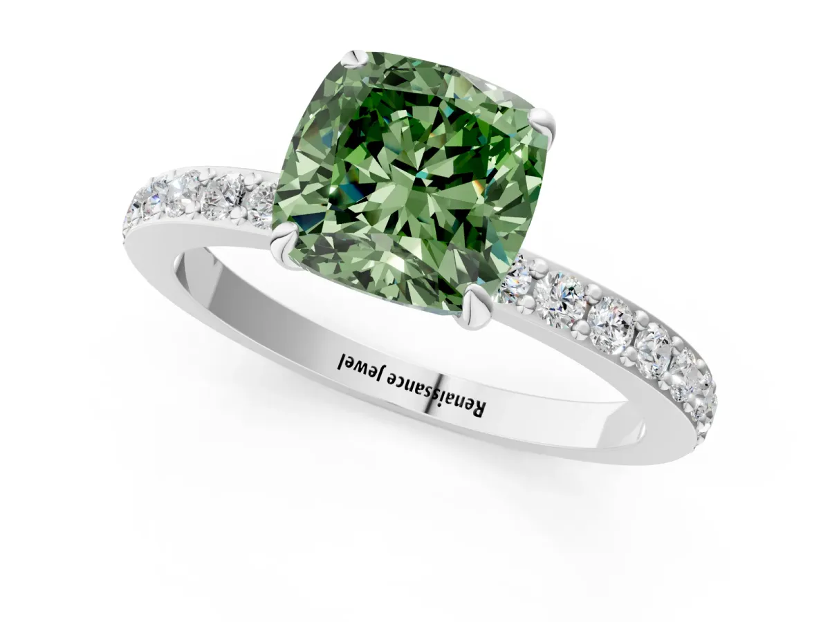 Fancy Green Cushion Cut Diamond Solitaire Engagement Ring with Pavé Band and Four-Prong Setting White gold