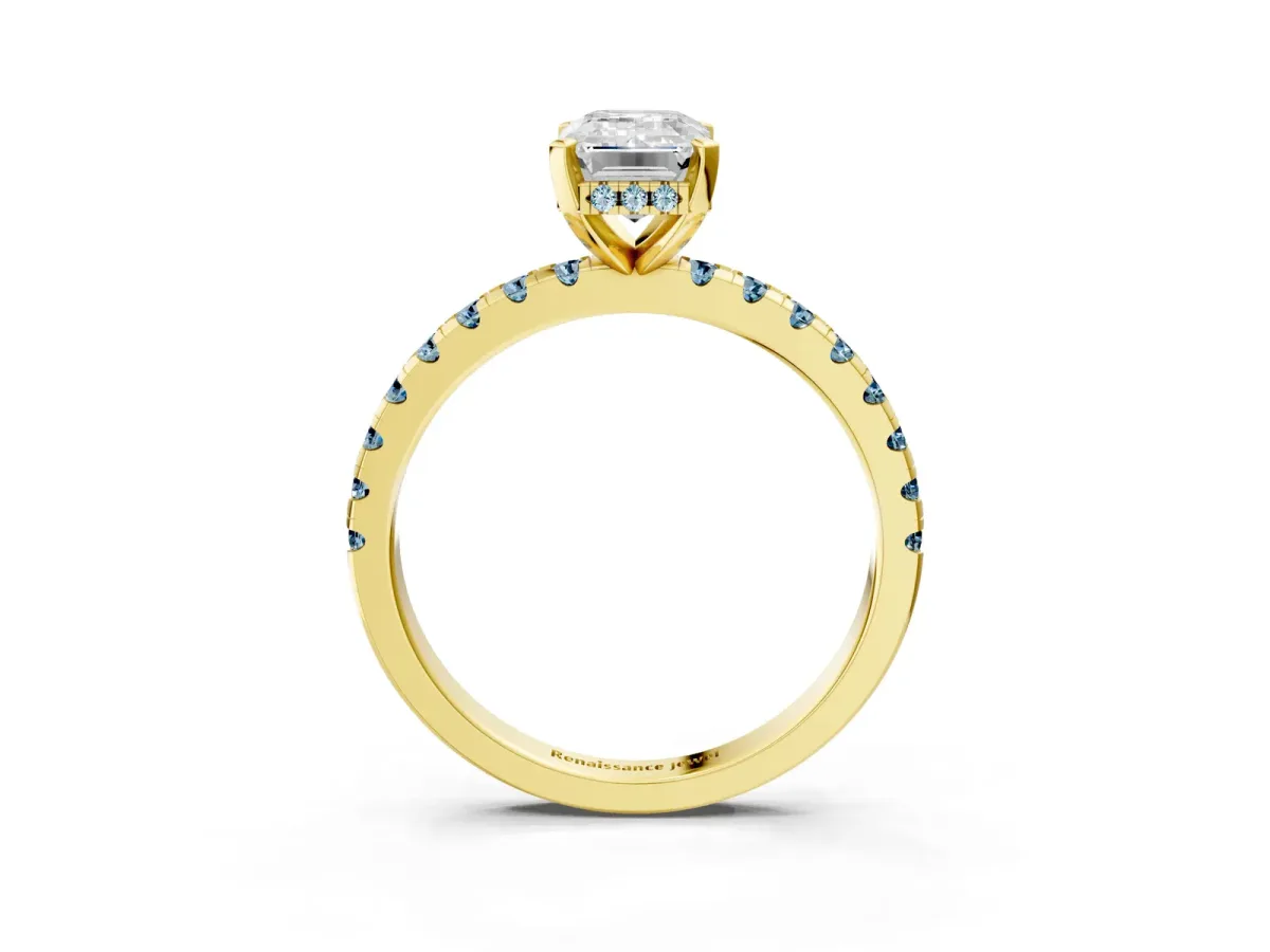 Emerald Cut Diamond Solitaire Ring with Round Aquamarine Pavé Band and Four-Prong Setting Yellow gold