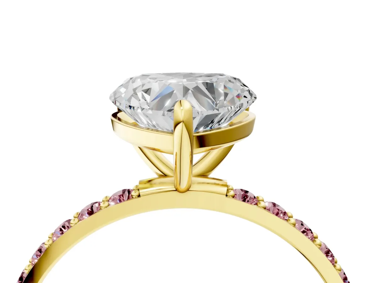 Heart Cut Diamond Solitaire Ring with Round Morganite Pavé Band and Prong Setting Yellow gold