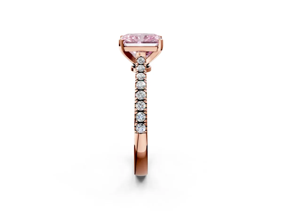 Fancy Pink Radiant Cut Cut Solitaire Diamond Engagement Ring with Pave Band and Four-Prong Setting Rose gold
