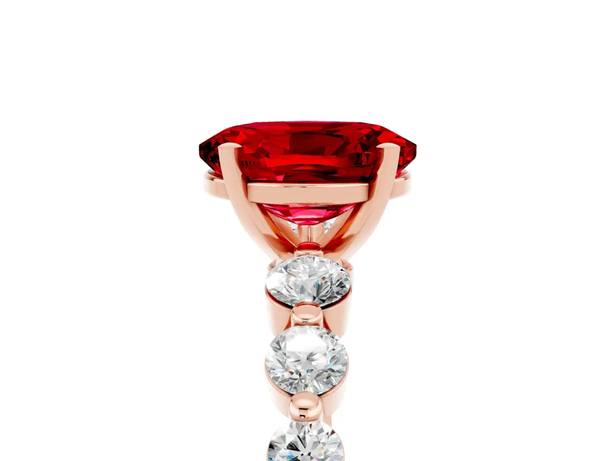 Oval Cut Solitaire Ruby Ring with Pave Band and Four-Prong Setting Rose gold