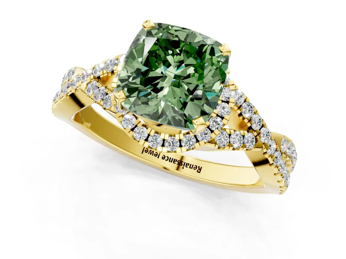 Fancy Green Cushion Cut Diamond Halo Twist Band Solitaire Prong Setting Ring Yellow gold