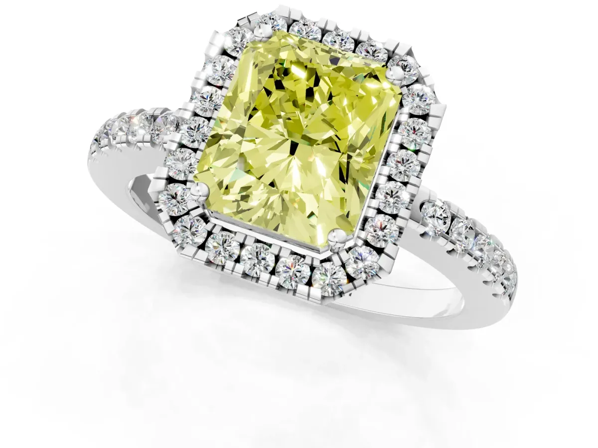 Fancy Yellow Radiant Cut Halo Diamond Engagement Ring with Pavé Band and Four-Prong Setting Platinum