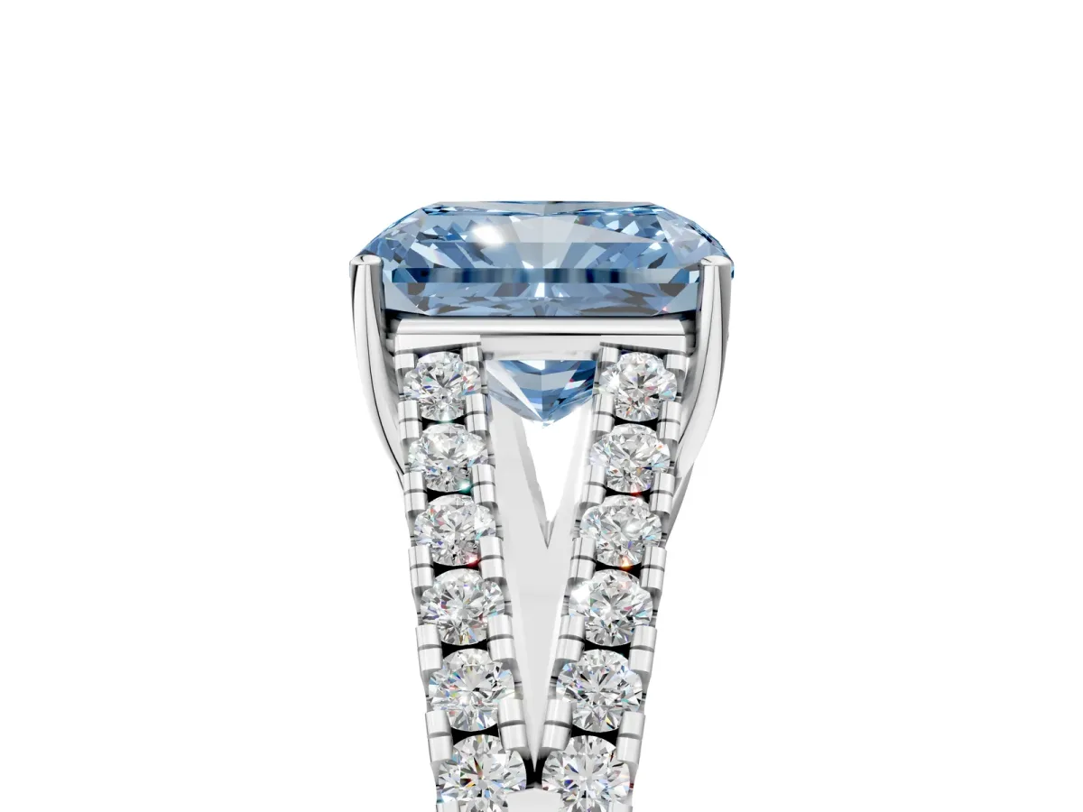 Fancy Blue Radiant Cut Diamond Split Shank Engagement Ring with Round Pavé and Prong Setting Platinum