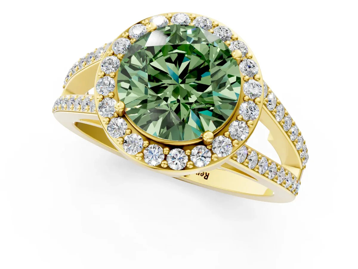 Fancy Green Round Cut Diamond Halo Ring with Split Shank U-Prong Band and Four-Prong Setting Yellow gold