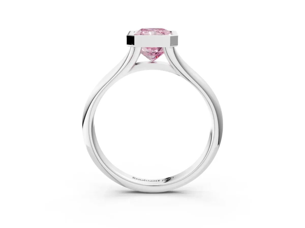 Fancy Pink Bezel Set Radiant Cut Solitaire Diamond Ring with Smooth Band Platinum