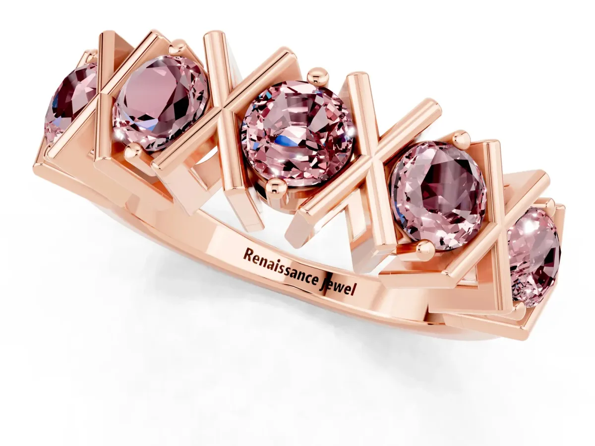 Round Morganite Channel Set Band with X-Prong Detail Rose gold