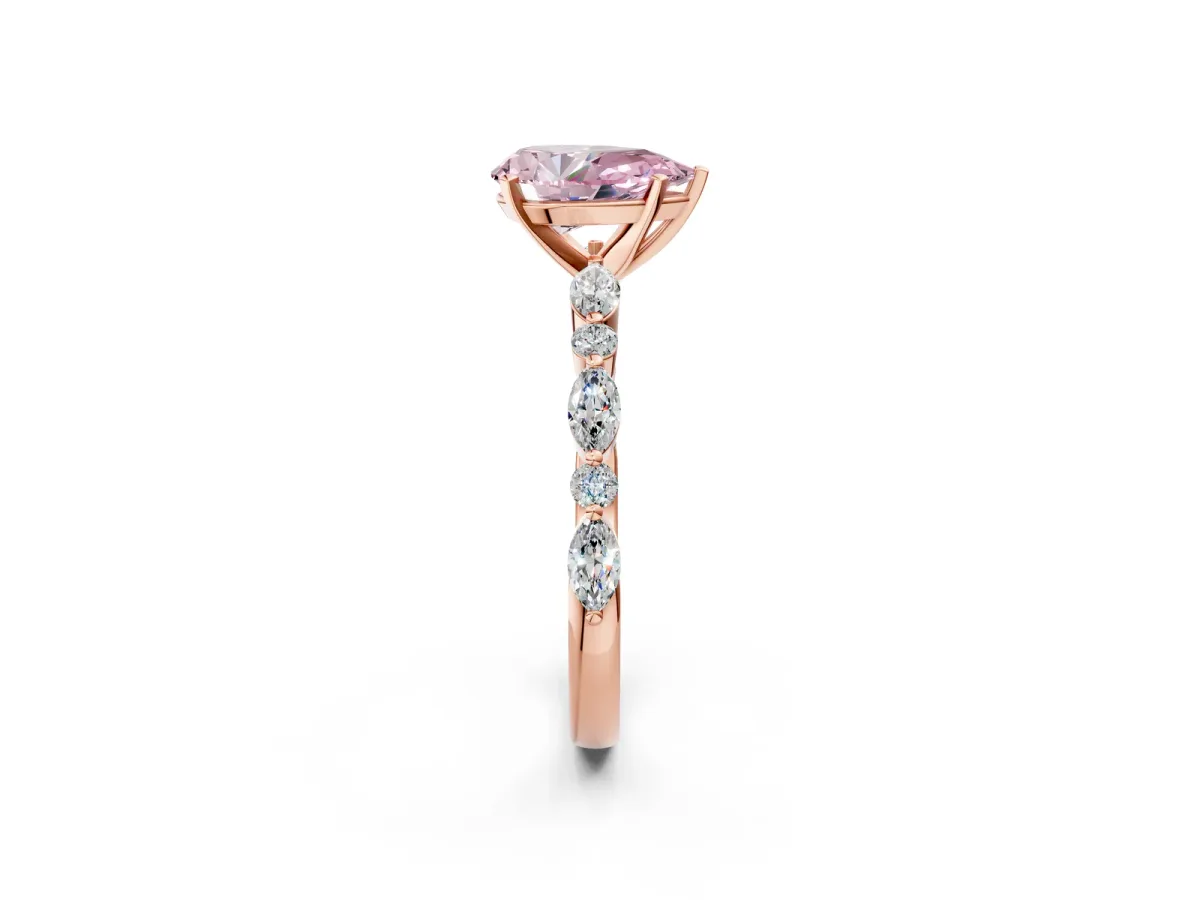 Fancy Pink Pear Cut Diamond Ring with Marquise and Round Side Stones and Four-Prong Setting Rose gold