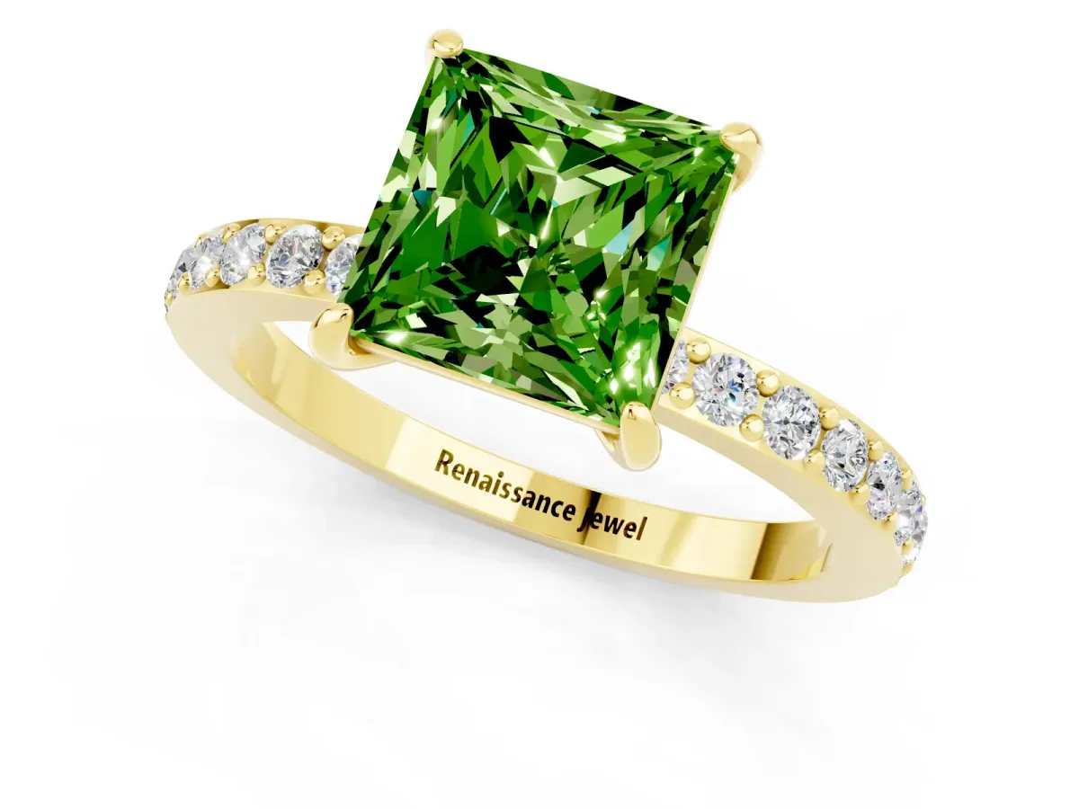 Princess Cut Peridot Solitaire Engagement Ring with Pavé Band and Four-Prong Setting Yellow gold