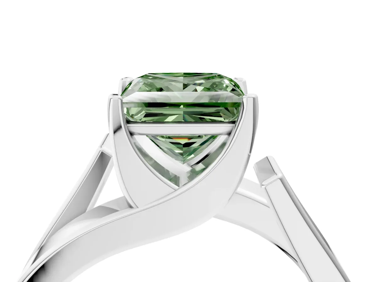 Fancy Green Modern Tension Set Princess Cut Diamond Solitaire Wide Band Ring Silver